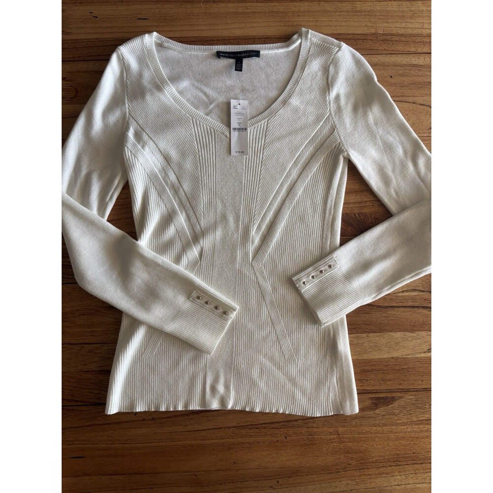 White House Black Market Knit Pullover Sweater Ivory V-Neck Button Ribbed Slim S